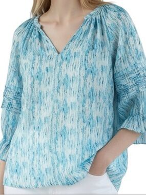 Ramy Brook Blue & White Printed Peasant Blouse